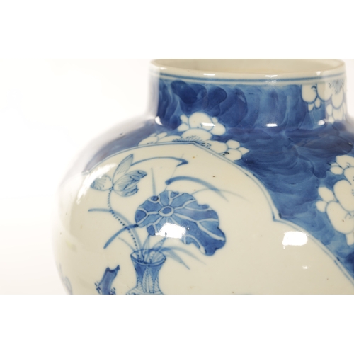 164 - A 19TH CENTURY CHINESE BLUE AND WHITE PORCELAIN BULBOUS VASE decorated with panelled interior scenes... 