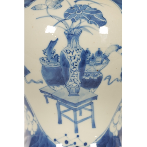 164 - A 19TH CENTURY CHINESE BLUE AND WHITE PORCELAIN BULBOUS VASE decorated with panelled interior scenes... 