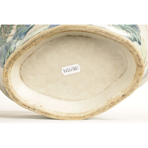 168 - A 19TH CENTURY CHINESE PORCELAIN DISH ON HARDWOOD STAND decorated with landscape views of a palace b... 