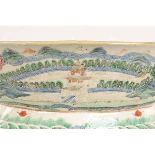 168 - A 19TH CENTURY CHINESE PORCELAIN DISH ON HARDWOOD STAND decorated with landscape views of a palace b... 