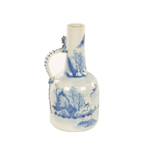 174 - A 19TH CENTURY CHINESE BLUE AND WHITE BOTTLE the shouldered body with a slender neck and lizard hand... 