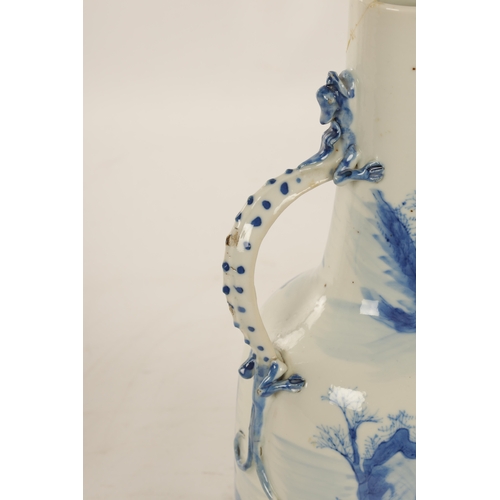 174 - A 19TH CENTURY CHINESE BLUE AND WHITE BOTTLE the shouldered body with a slender neck and lizard hand... 