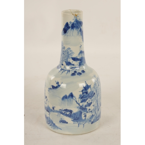 174 - A 19TH CENTURY CHINESE BLUE AND WHITE BOTTLE the shouldered body with a slender neck and lizard hand... 