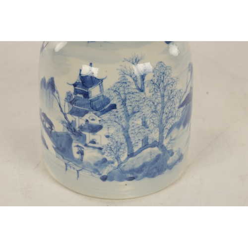 174 - A 19TH CENTURY CHINESE BLUE AND WHITE BOTTLE the shouldered body with a slender neck and lizard hand... 