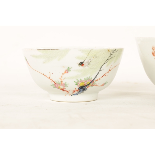 175 - TWO MATCHING EARLY 20TH CENTURY CHINESE CANTON BOWLS with brightly coloured figure and bird landscap... 
