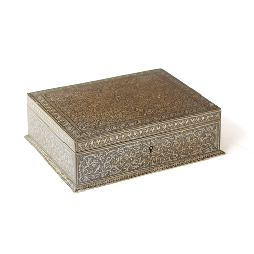 178 - A 19TH CENTURY INDIAN IRONWORK INLAID JEWELLERY BOX with silver and brass wirework floral decoration... 