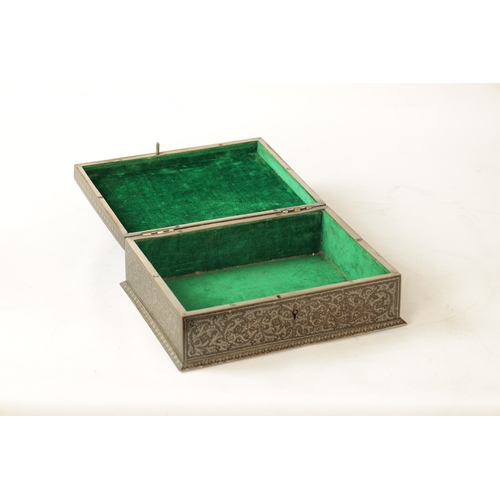 178 - A 19TH CENTURY INDIAN IRONWORK INLAID JEWELLERY BOX with silver and brass wirework floral decoration... 