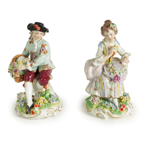 19 - A PAIR OF LATE 19TH CENTURY SITZENDORF FLOWER SELLER FIGURES of a young lady and gentleman in colour... 