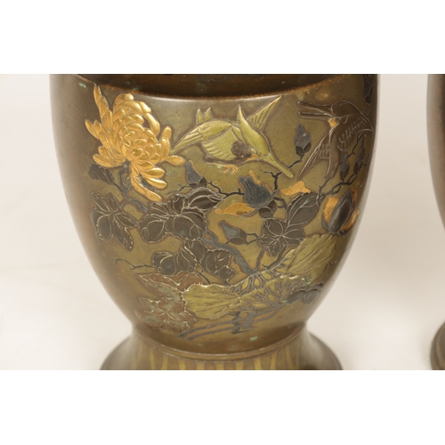 193 - A LARGE PAIR OF JAPANESE MEIJI PERIOD BRONZE AND MIXED METAL VASES of shouldered ovoid form with tal... 