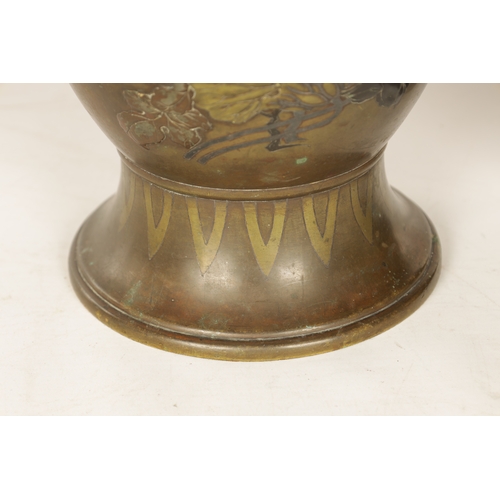 193 - A LARGE PAIR OF JAPANESE MEIJI PERIOD BRONZE AND MIXED METAL VASES of shouldered ovoid form with tal... 