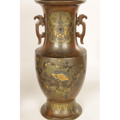 193 - A LARGE PAIR OF JAPANESE MEIJI PERIOD BRONZE AND MIXED METAL VASES of shouldered ovoid form with tal... 