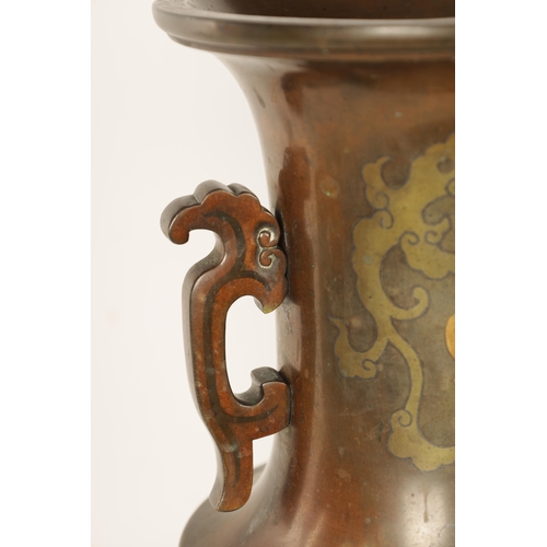 193 - A LARGE PAIR OF JAPANESE MEIJI PERIOD BRONZE AND MIXED METAL VASES of shouldered ovoid form with tal... 