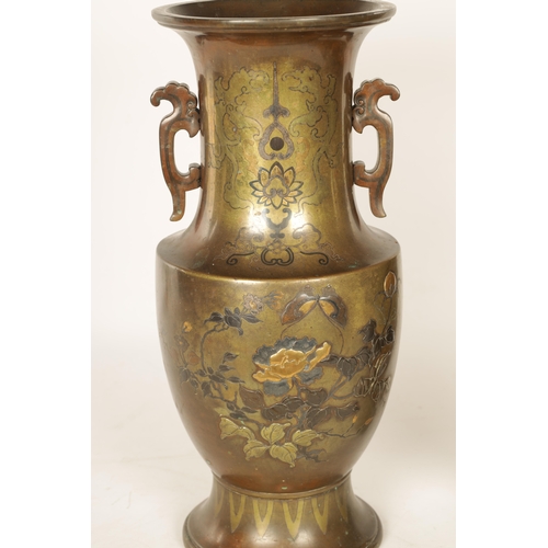 193 - A LARGE PAIR OF JAPANESE MEIJI PERIOD BRONZE AND MIXED METAL VASES of shouldered ovoid form with tal... 