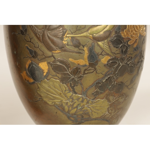 193 - A LARGE PAIR OF JAPANESE MEIJI PERIOD BRONZE AND MIXED METAL VASES of shouldered ovoid form with tal... 