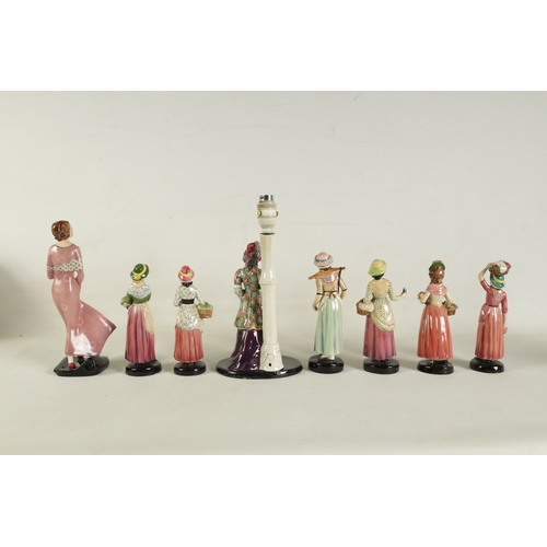 22 - A COLLECTION OF EIGHT 20TH CENTURY STAFFORDSHIRE GOLDSCHEIDER FIGURES of young ladies, one mounted o... 
