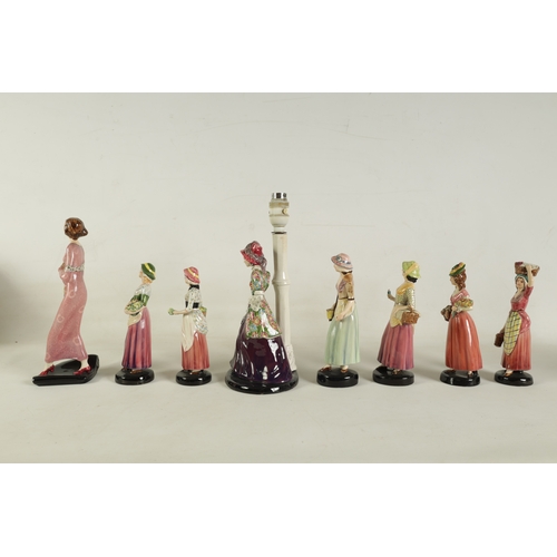 22 - A COLLECTION OF EIGHT 20TH CENTURY STAFFORDSHIRE GOLDSCHEIDER FIGURES of young ladies, one mounted o... 