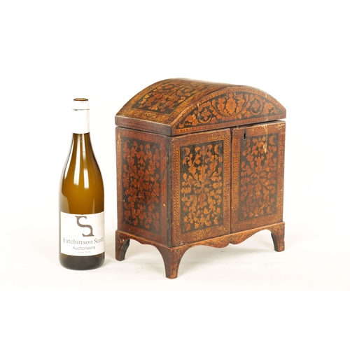 231 - A GOOD REGENCY CHINOISERIE LACQUERED PEN WORK DOME-TOPPED TABLE CABINET with leafwork decoration, fi... 