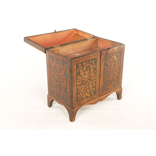 231 - A GOOD REGENCY CHINOISERIE LACQUERED PEN WORK DOME-TOPPED TABLE CABINET with leafwork decoration, fi... 
