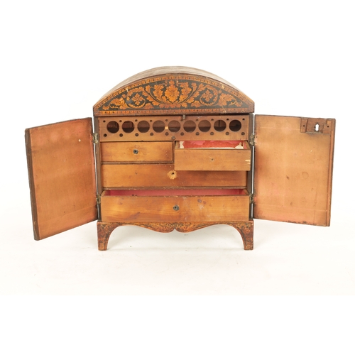 231 - A GOOD REGENCY CHINOISERIE LACQUERED PEN WORK DOME-TOPPED TABLE CABINET with leafwork decoration, fi... 