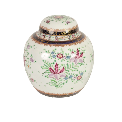 28 - A LATE 19TH CENTURY ORIENTAL STYLE SAMSON GINGER JAR AND COVER of bulbous form decorated in coloured... 