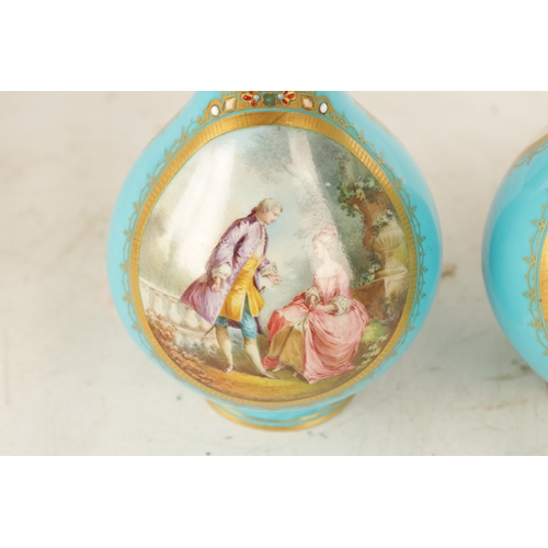 35 - A PAIR OF 19TH CENTURY FRENCH SERVES PORCELAIN VASES of bulbous form with painted panels of classica... 