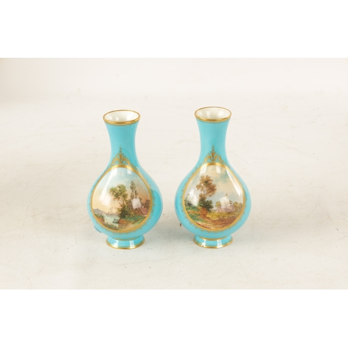 35 - A PAIR OF 19TH CENTURY FRENCH SERVES PORCELAIN VASES of bulbous form with painted panels of classica... 