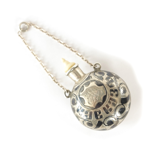 367 - A 19TH CENTURY RUSSIAN NIELLO SILVER SCENT BOTTLE with foliage decoration - in fitted leather case (... 