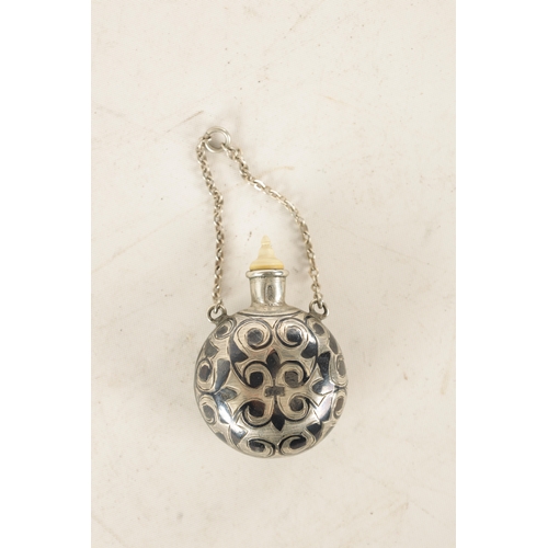 367 - A 19TH CENTURY RUSSIAN NIELLO SILVER SCENT BOTTLE with foliage decoration - in fitted leather case (... 
