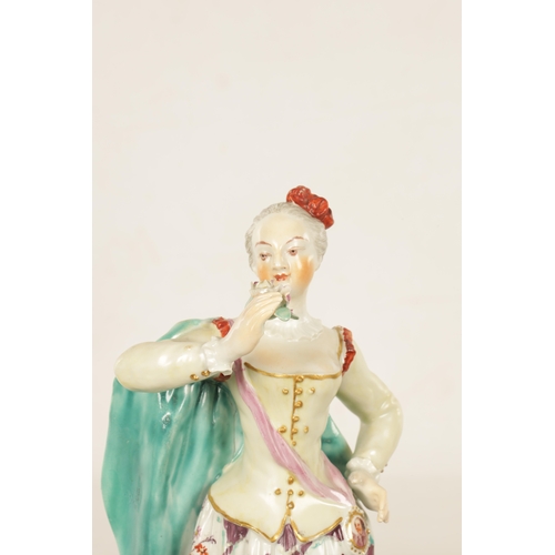 38 - A PAIR OF 19TH CENTURY DERBY TYPE PORCELAIN CANDLESTICKS modelled as a gallant and lady with cherub ... 