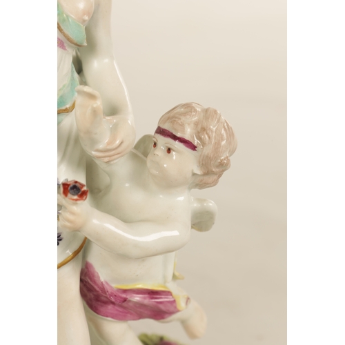 38 - A PAIR OF 19TH CENTURY DERBY TYPE PORCELAIN CANDLESTICKS modelled as a gallant and lady with cherub ... 