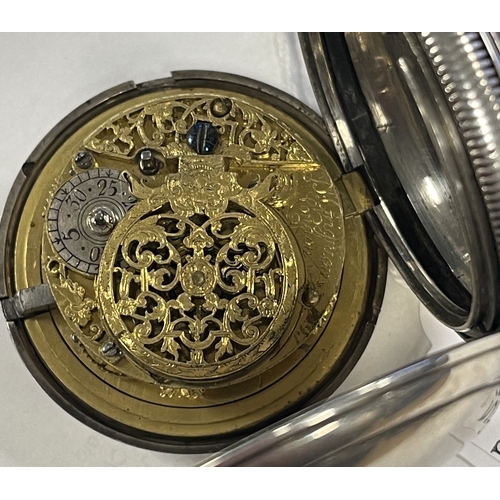 397 - P. GRIGNION, LONDON. A SILVER VERGE POCKET WATCH with full hunter case enclosing an enamel dial fron... 