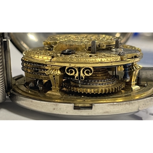 397 - P. GRIGNION, LONDON. A SILVER VERGE POCKET WATCH with full hunter case enclosing an enamel dial fron... 