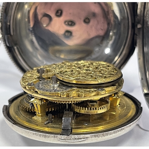 397 - P. GRIGNION, LONDON. A SILVER VERGE POCKET WATCH with full hunter case enclosing an enamel dial fron... 