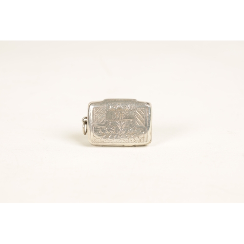 410 - A GEORGE IV SILVER VINAIGRETTE of rectangular form with foliate engraved decoration, the centre with... 