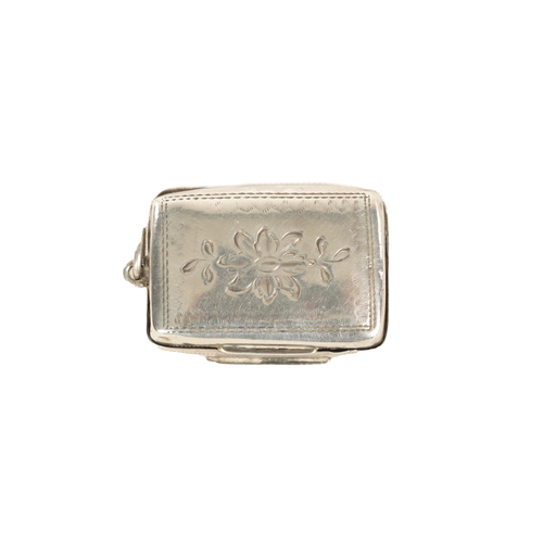 410 - A GEORGE IV SILVER VINAIGRETTE of rectangular form with foliate engraved decoration, the centre with... 
