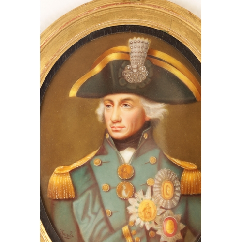 47 - A 19TH CENTURY CONTINENTAL PAINTED OVAL PORCELAIN PLAQUE OF ADMIRAL LORD NELSON depicted in full uni... 