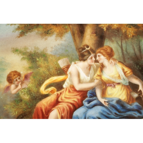 56 - A LATE 19TH CENTURY VIENNA STYLE FRAMED DISHED PORCELAIN PLAQUE the romantic wooded landscape scene ... 