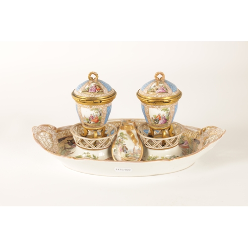 58 - A 19TH CENTURY ORMOLU MOUNTED AUGUSTUS REX, DRESDEN PORCELAIN DOUBLE INK STAND the dished oval body ... 