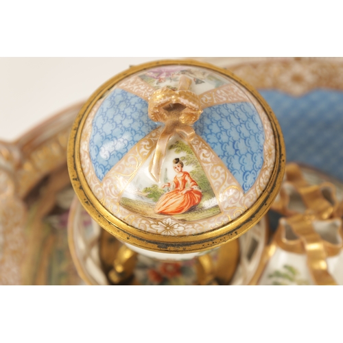 58 - A 19TH CENTURY ORMOLU MOUNTED AUGUSTUS REX, DRESDEN PORCELAIN DOUBLE INK STAND the dished oval body ... 