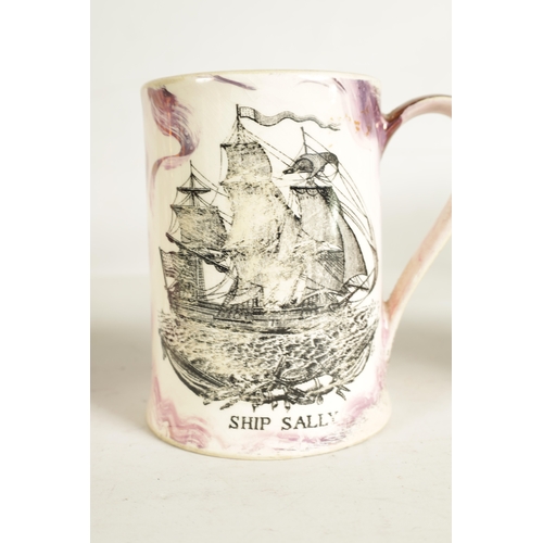 59 - A 19TH-CENTURY SUNDERLAND CREAM WEAR AND PURPLE LUSTER MUG depicting the Mariner's arms and A LUSTER... 