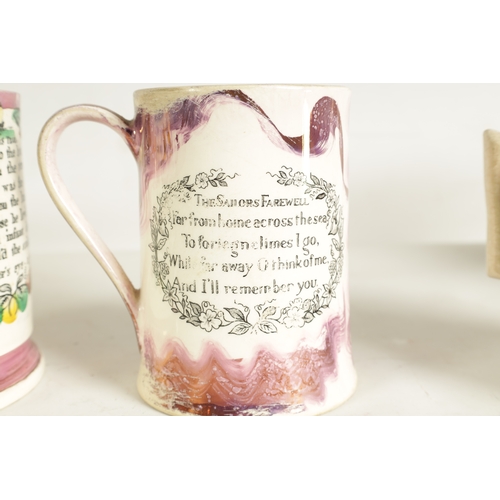 59 - A 19TH-CENTURY SUNDERLAND CREAM WEAR AND PURPLE LUSTER MUG depicting the Mariner's arms and A LUSTER... 