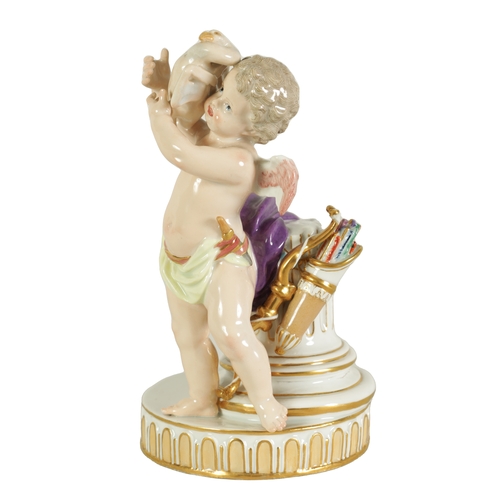 60 - A 19TH CENTURY MEISSEN FIGURE OF CUPID modelled standing holding a bird and leaning on a column with... 