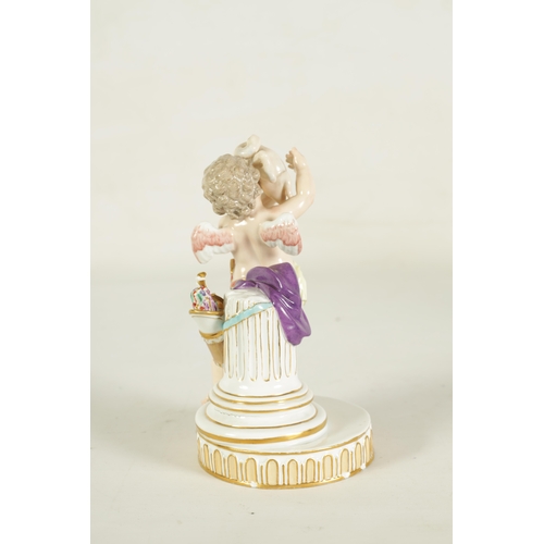 60 - A 19TH CENTURY MEISSEN FIGURE OF CUPID modelled standing holding a bird and leaning on a column with... 
