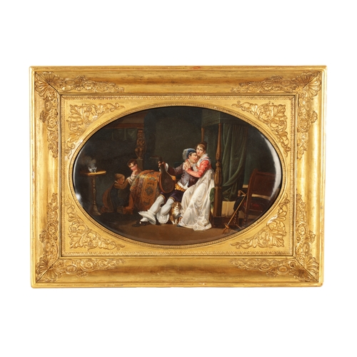 61 - A LARGE 19TH CENTURY CONTINENTAL KPM STYLE PORCELAIN HANGING PLAQUE depicting an interior scene - mo... 