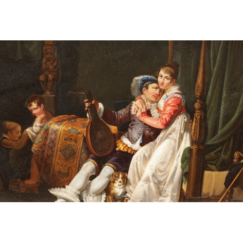 61 - A LARGE 19TH CENTURY CONTINENTAL KPM STYLE PORCELAIN HANGING PLAQUE depicting an interior scene - mo... 