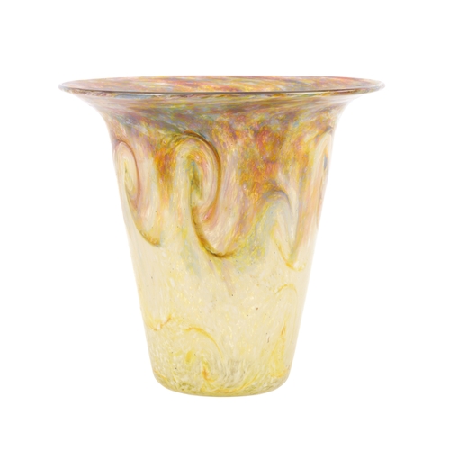 8 - A MONART, MONCRIEFF SCOTLAND ART GLASS VASE the tapered body with broad rim decorated multicoloured ... 