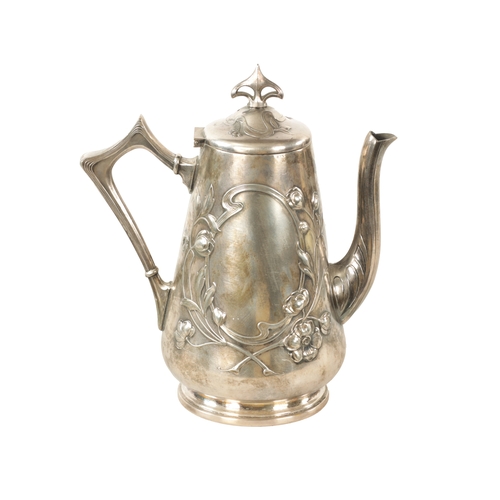 554 - A STYLISH ART NOUVEAU WMF LIBERTY'S-STYLE POLISHED PEWTER COFFEE POT with stylised floral designs to... 