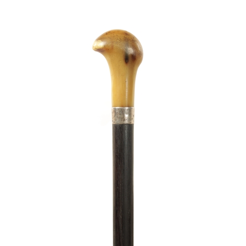 560 - A LATE 19TH CENTURY EBONY AND HORN WALKING CANE with silvered collar and tapering shaft. (91cm overa... 