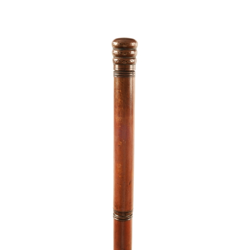 564 - A LATE 19TH CENTURY DECANTER WALKING STICK WITH SCREW OFF HANDLE with copper mounts revealing a elon... 