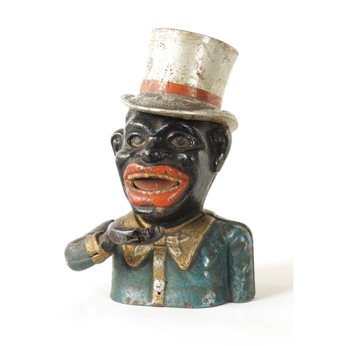 582 - A LATE 19TH CENTURY PAINTED CAST IRON 'JOLLY' MECHANICAL MONEY BANK depicted wearing a silvered top ... 